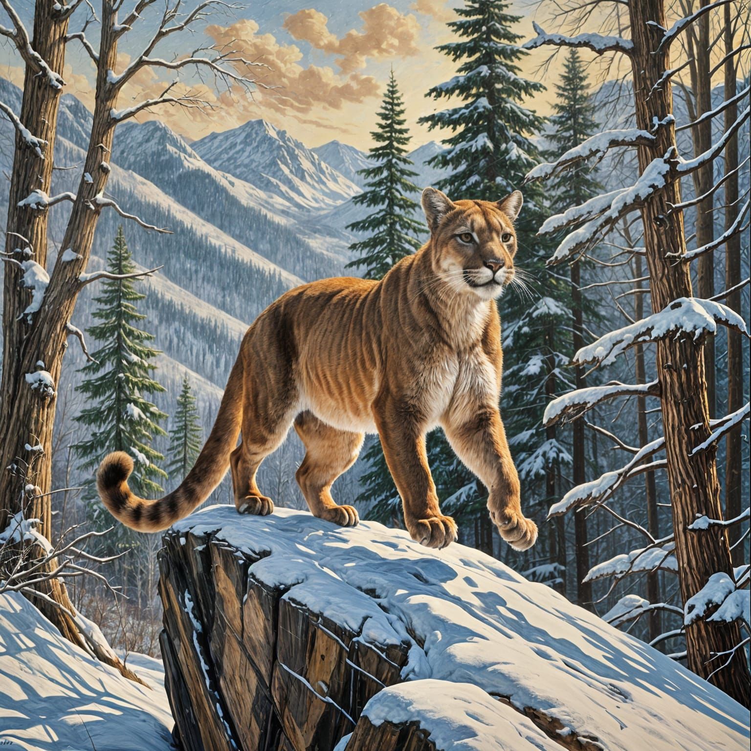 Mountain Lion Leaps in Snowy Forest: Impasto Oil Painting