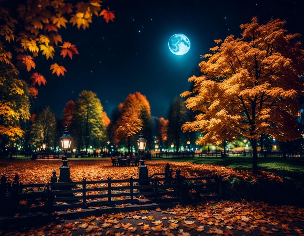 Steampunk Autumn Park Under a Tilt-Shift Moon
