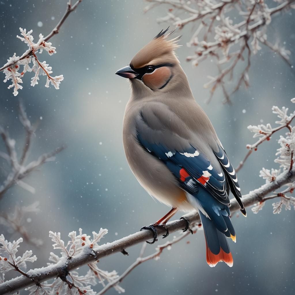 Bohemian Waxwing on Frosted Twig: Whimsical Fantasy Art