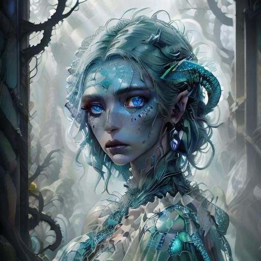 Scaly Monster Woman in Ruins, Detailed Portrait