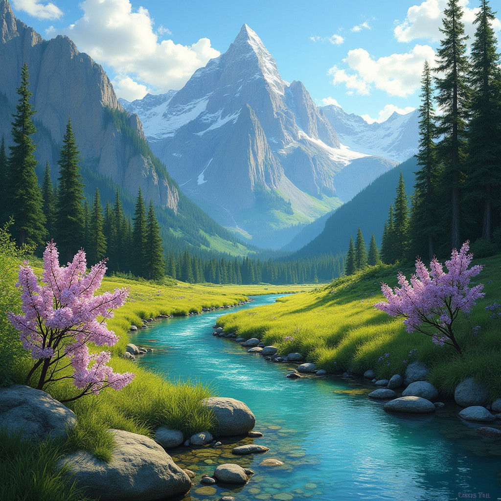 Emerald Creek Between Snow-Capped Peaks