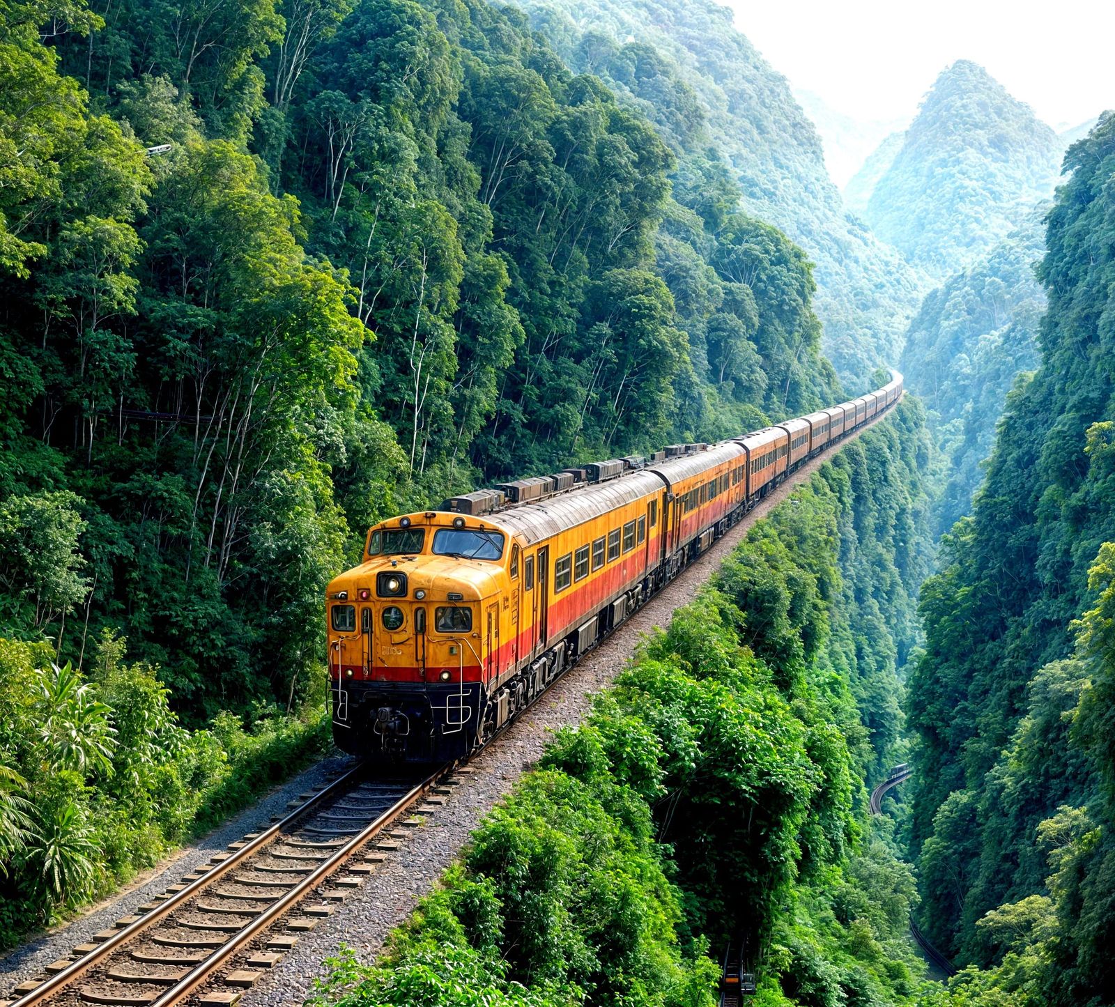 A long distance aerial view of a long train traveling though...
