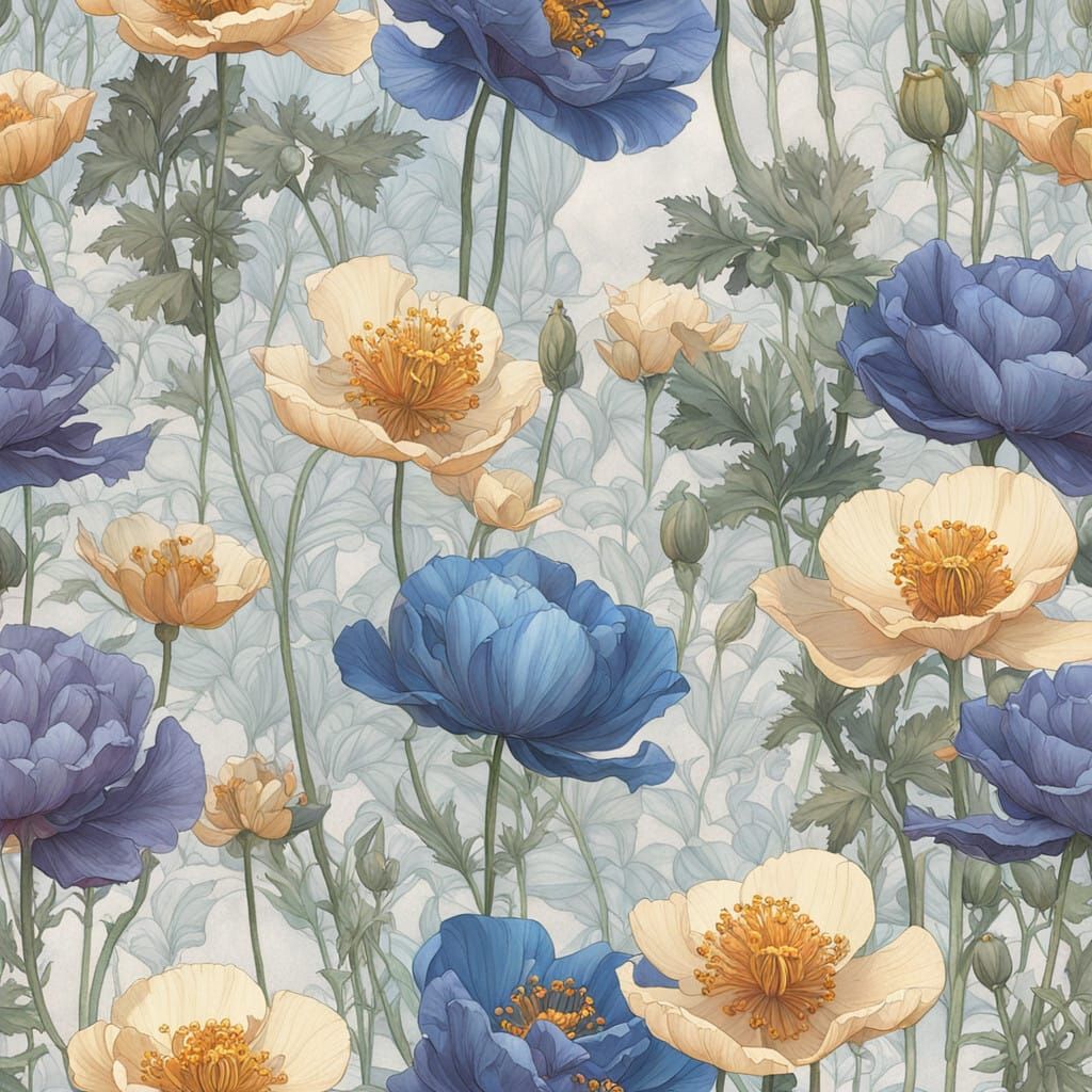 Vintage Watercolor Himalayan Poppy in Whimsical Fantasy Real...