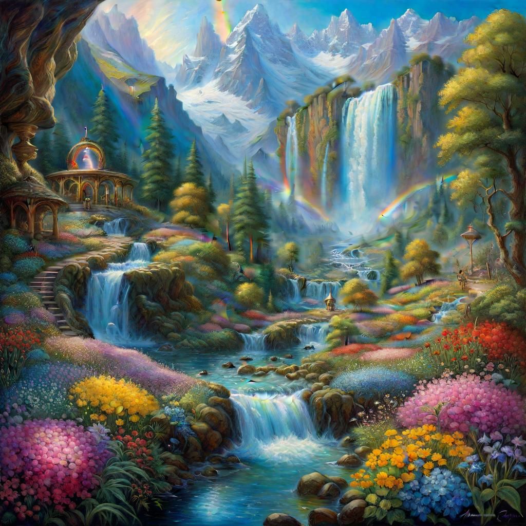 Fairy Playground with Waterfalls in Surreal Style