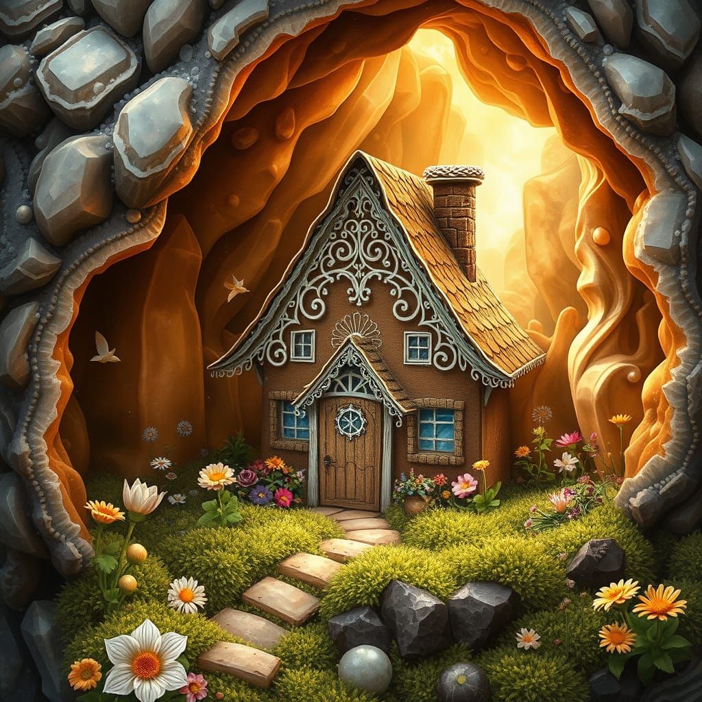 Gingerbread house located inside a giant chocolate geode