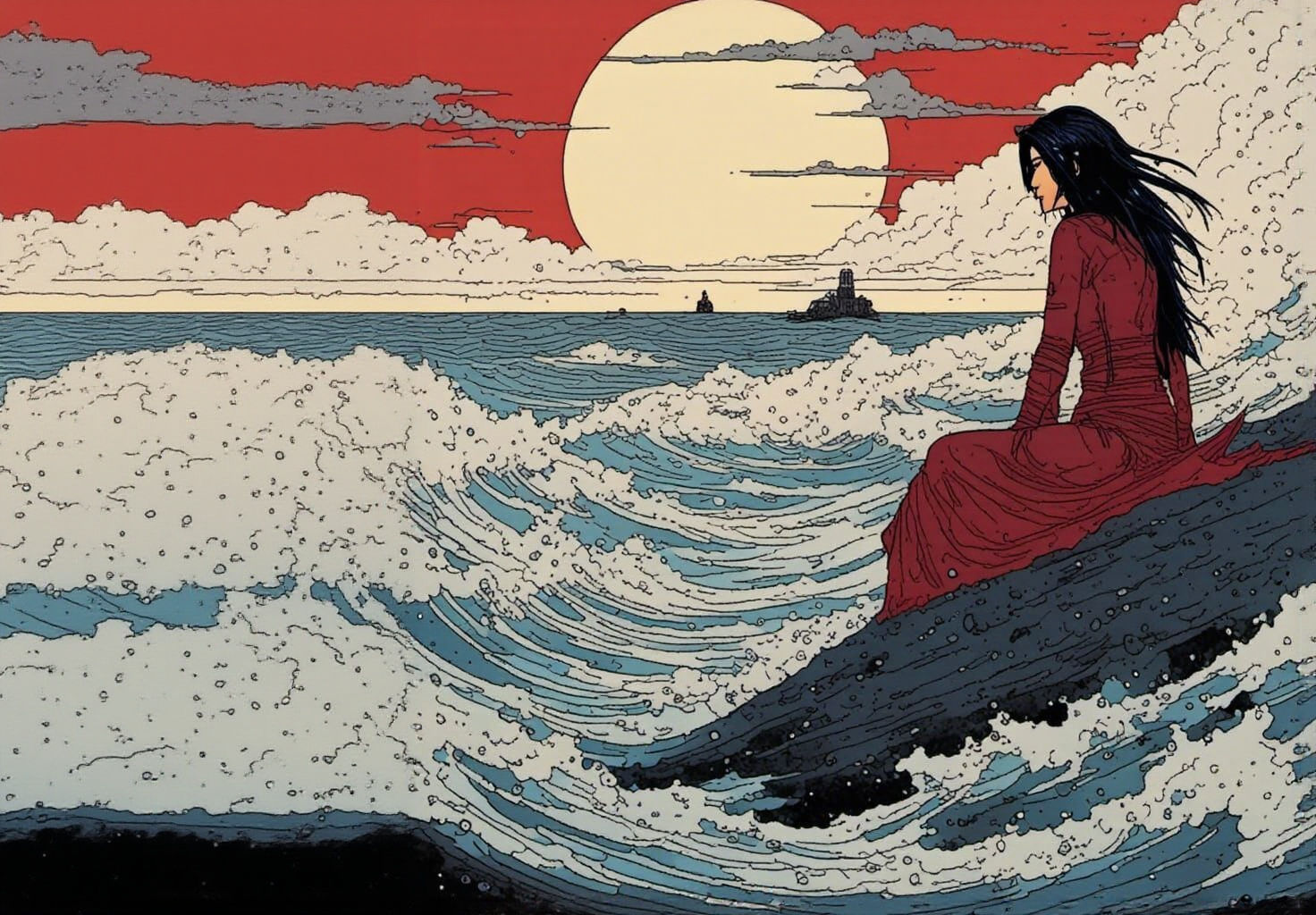 Shaman Stares into Ultraviolet Sun in Moebius Style