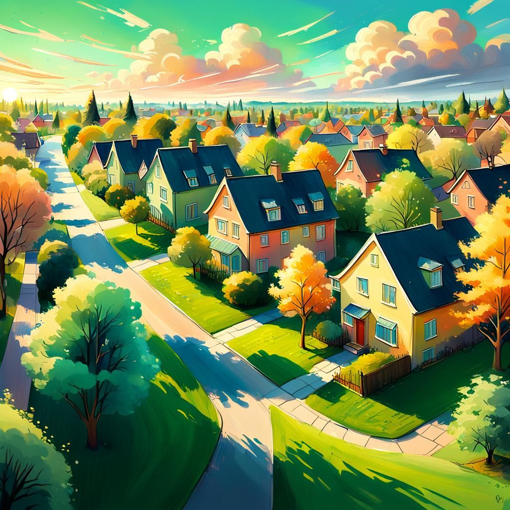 Tranquil Suburban Neighborhood in Digital Painting Style