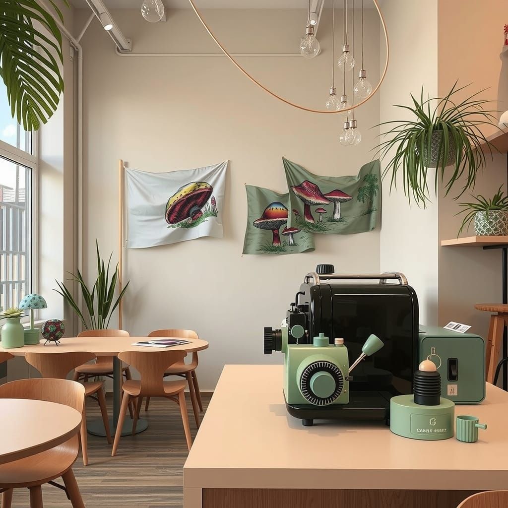 Surreal Mushroom Landscape with Brutalist Gum Bungalow