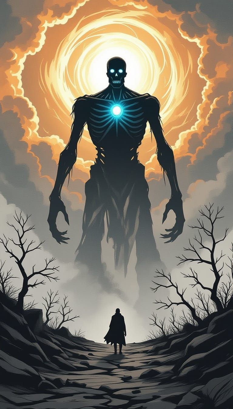 Lone Figure Faces Colossal Skeletal Being with Glowing Core