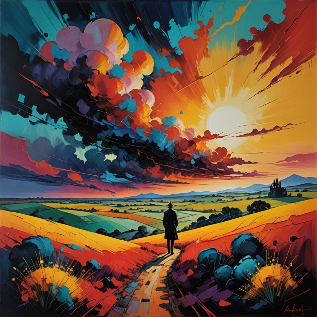 Ethereal Figure Amidst Vibrant Landscape in Dreamlike Oil Pa...