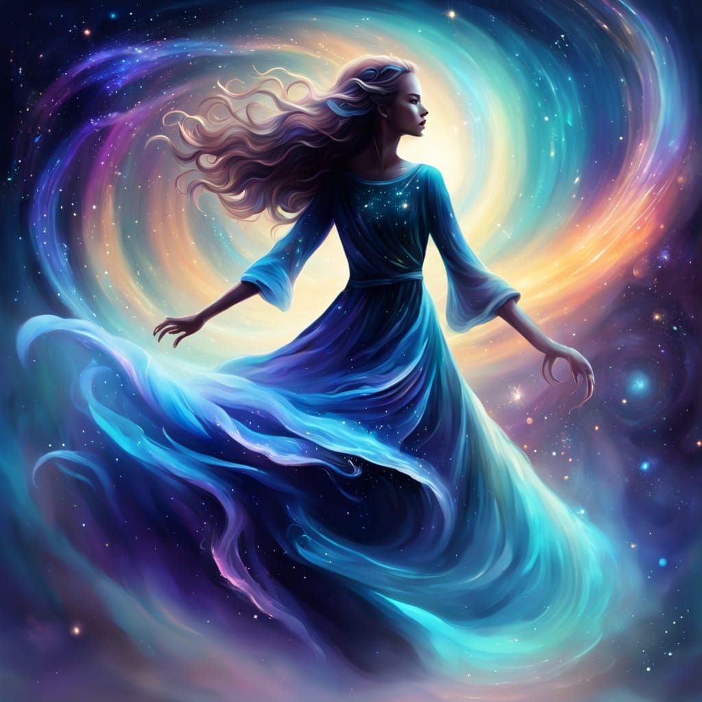 A cosmic dancer swirls in the vastness of space, her dress composed of flowing, luminous water that glows with the color...