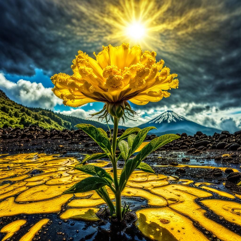 Hyperrealistic Yellow Flower, Sky and Volcano