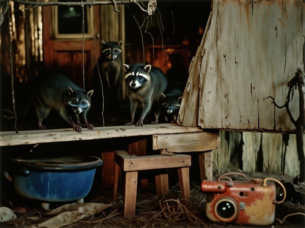 Raccoons at Screen Door in Watercolor Style