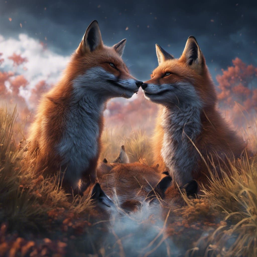 Foxes Playing in a Field: Fantasy Concept Art