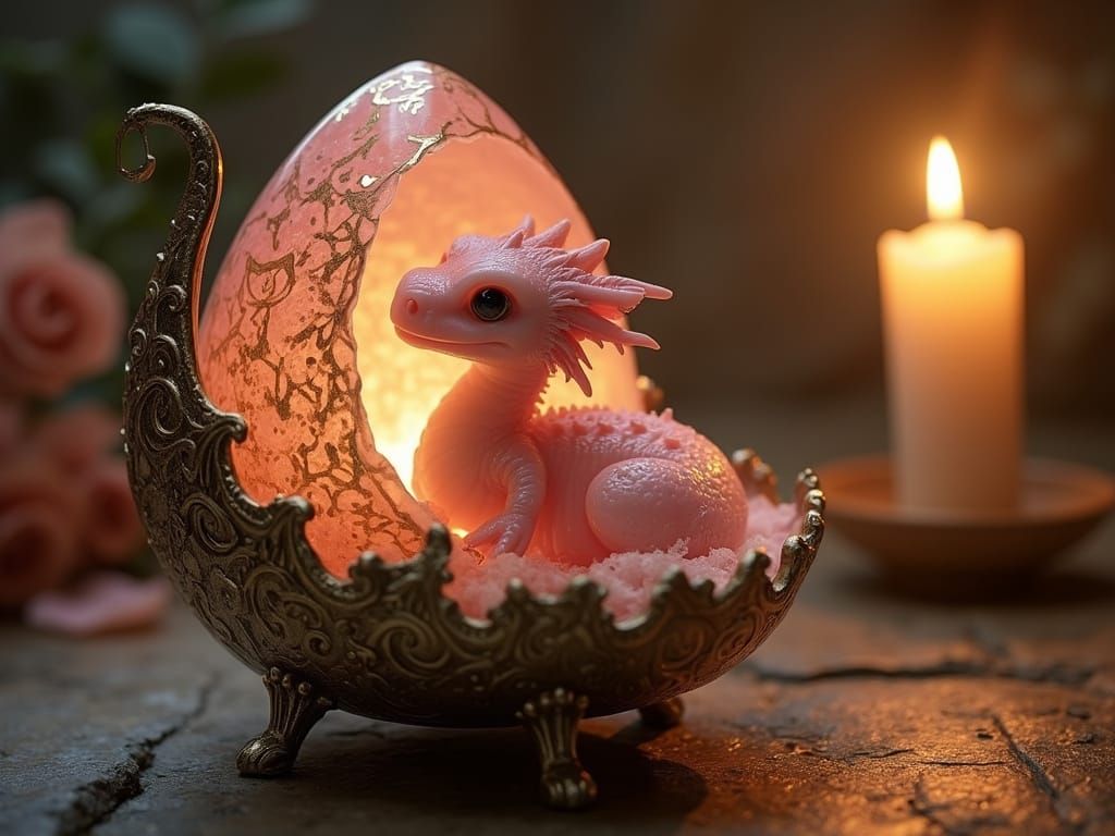 Glowing Dragons Den with Rose Quartz Egg and Golden Etchings