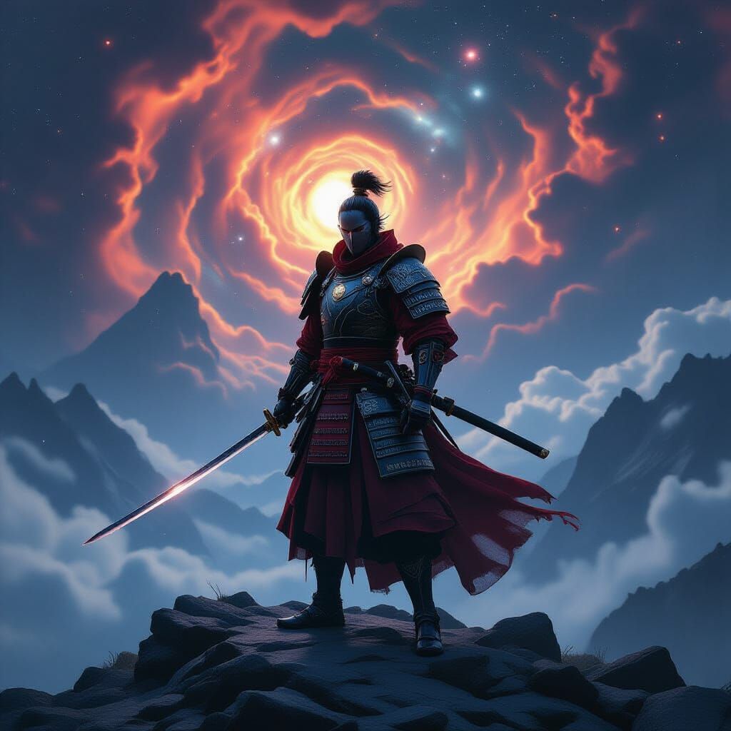 Crimson Samurai Warrior Under Cosmic Sky
