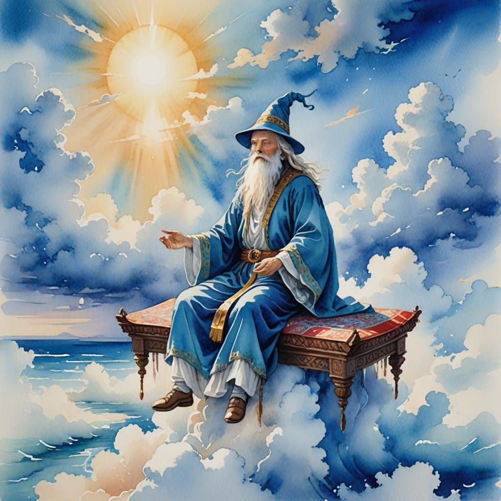 Ethereal Watercolor Wizard Soars Above Azure Skies