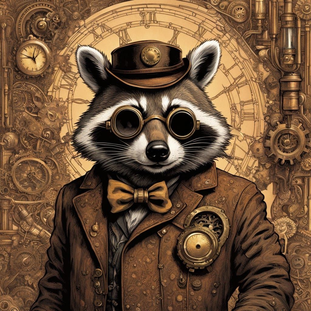 Steampunk Raccoon Tinkerer in Victorian-Era Workshop
