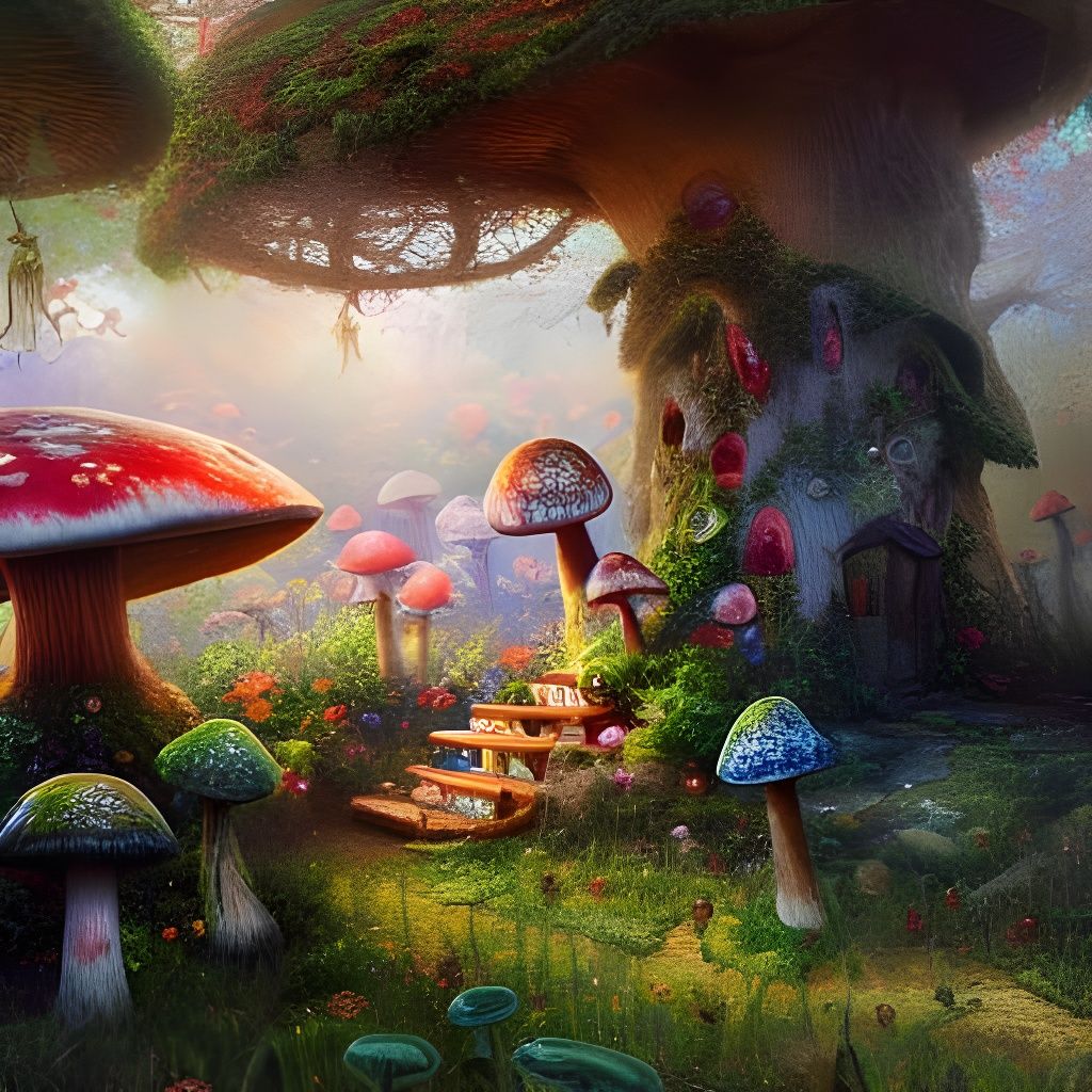 Psychedelic Mushroom House in Folk Art Style