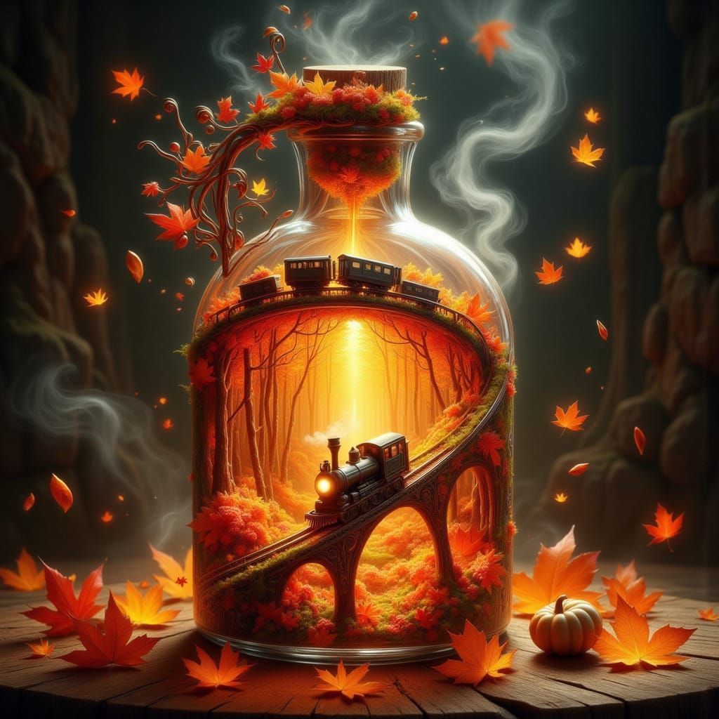 Autumn Potion Bottle with Miniature Steam Train