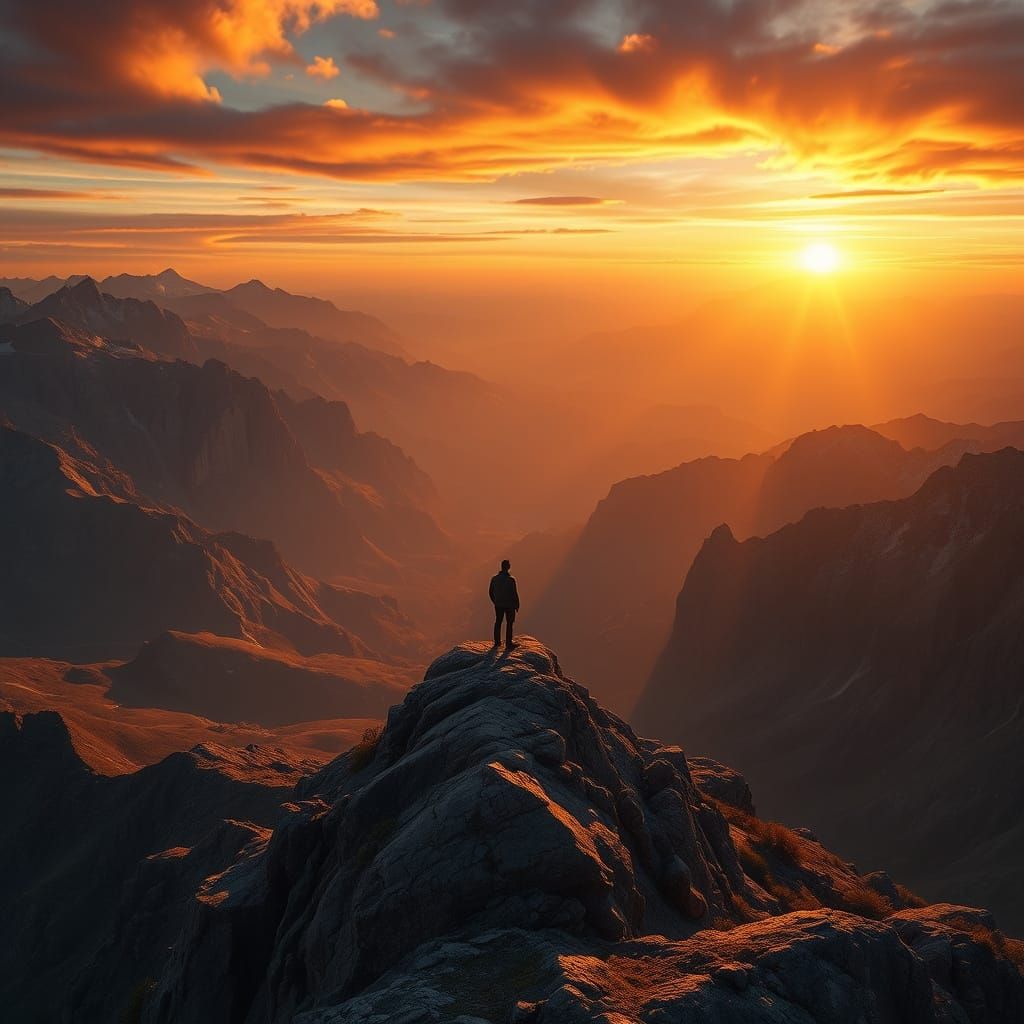 Lone Figure Gazing at Sunset Wilderness