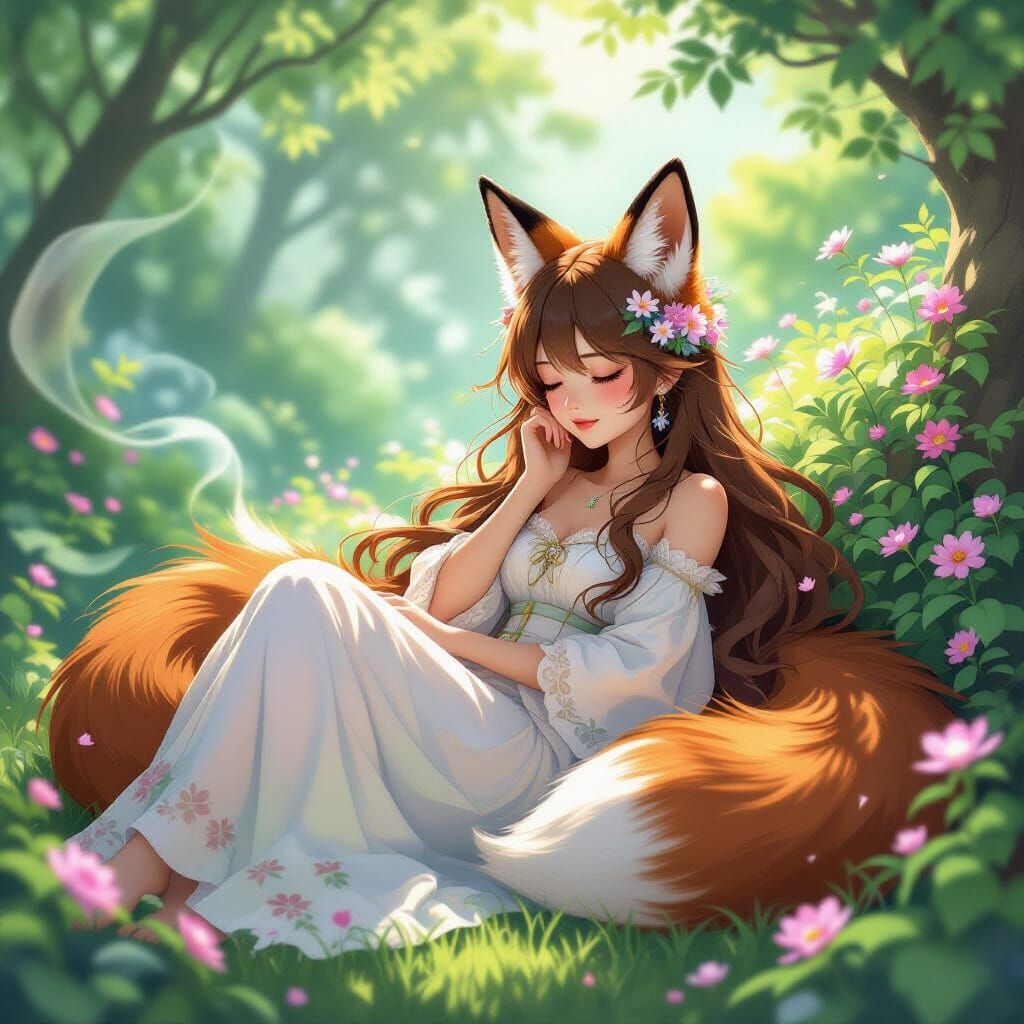 Fox-Girl in Ethereal Garden, Fantasy Art