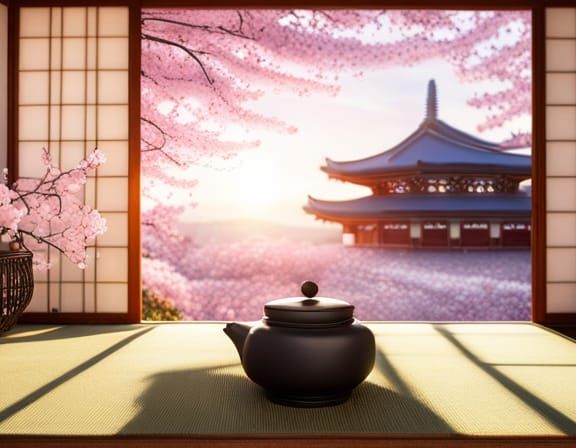 Kyoto Tea House Interior with Cherry Blossoms