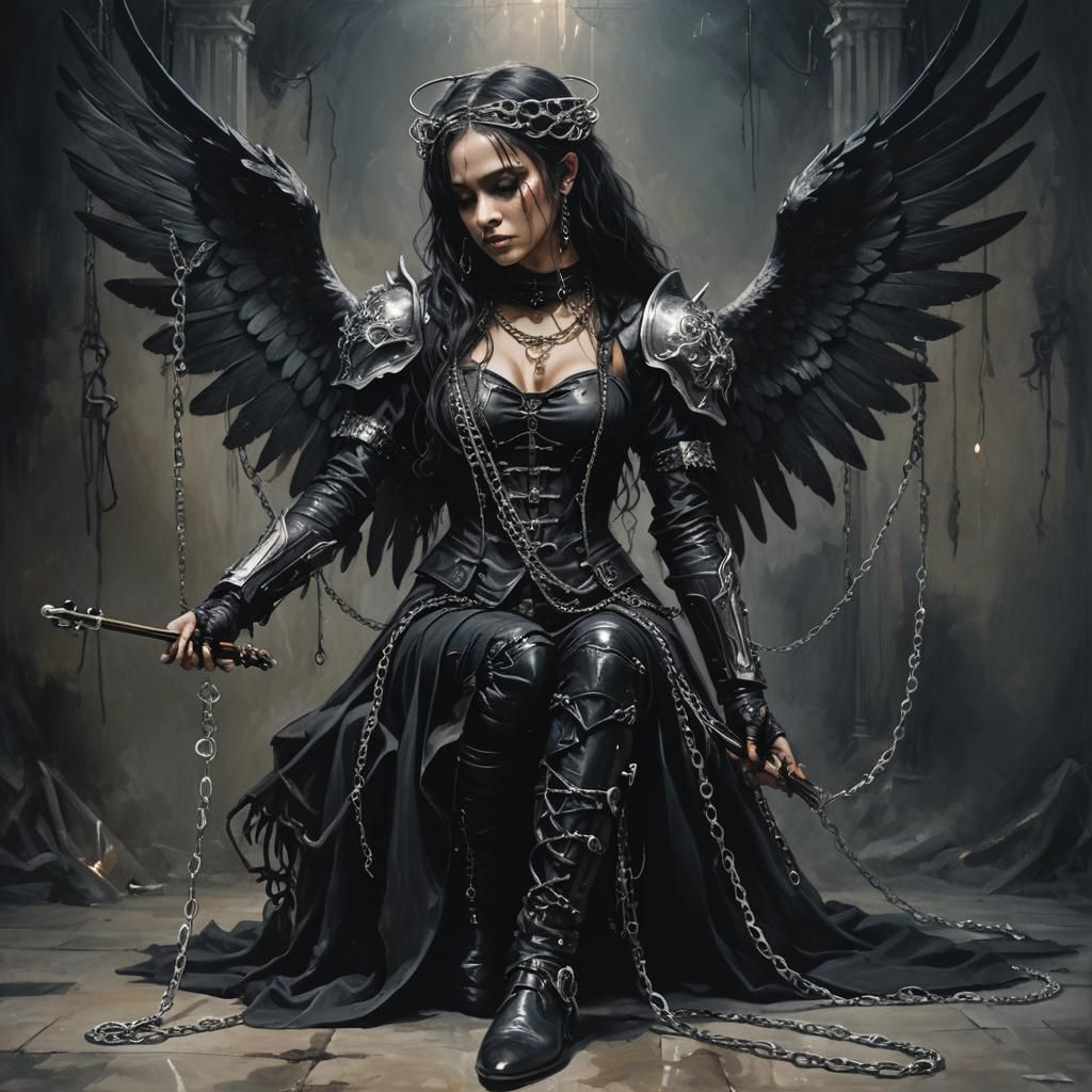 Ominous Black Angel with Chains in Gothic Oil Painting