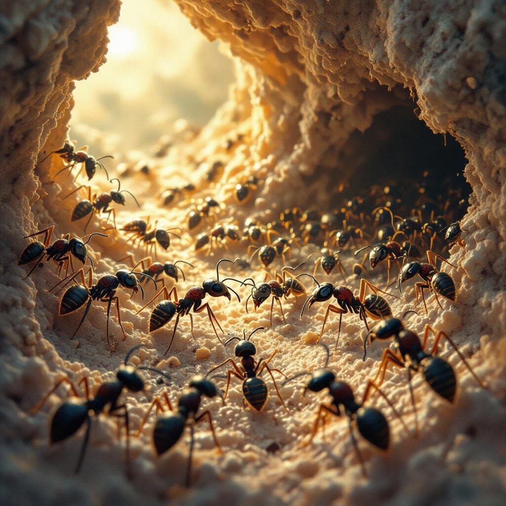 Hyper-Detailed Ant Colony Interior with Soft Lighting