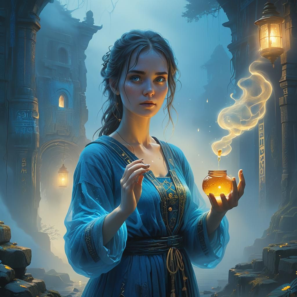 Ethereal Fantasy: Woman Conjuring Blue Magic in Mist