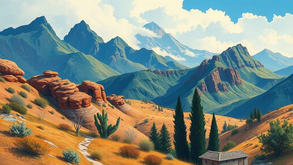 Retro Landscape Layout in Gouache and Watercolor Style