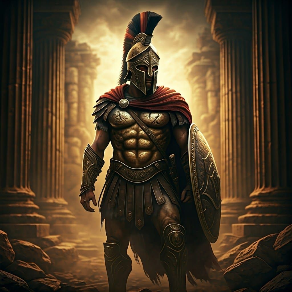 Spartan Warrior in Ruined Temple: Cinematic Masterpiece