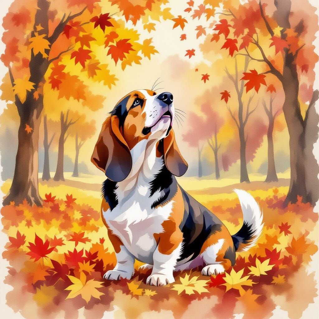 Basset Hound Howling in Autumn Park Watercolor