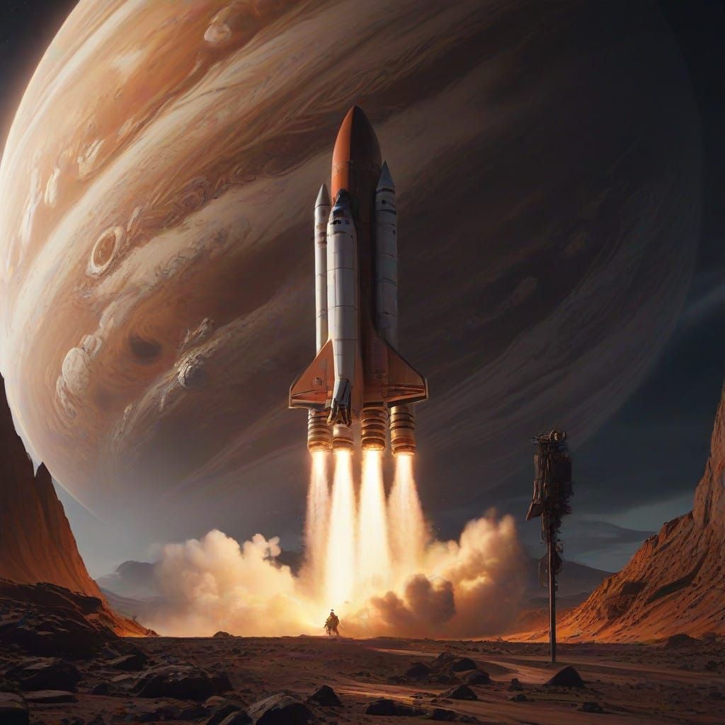 Retro-Futuristic Space Rocket Blasts Off Against Jupiter