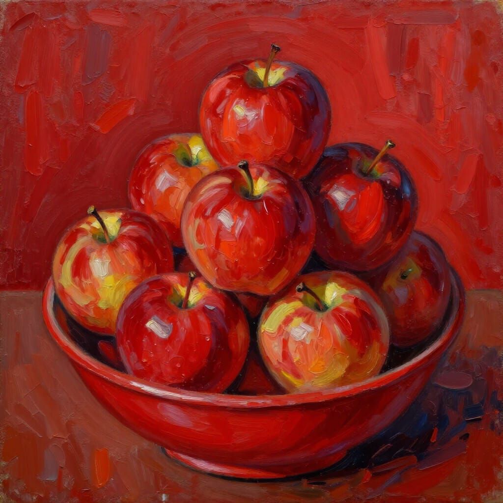 Expressionist Apples in Red Bowl Impasto Painting