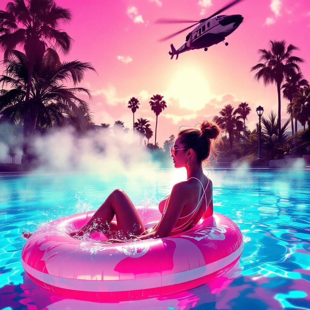 Girl on Pink Float in Neon Synthwave Dreamscape