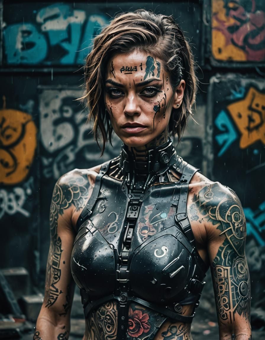 Cyborg Mafia Legend Portrait in Graffiti Art Style