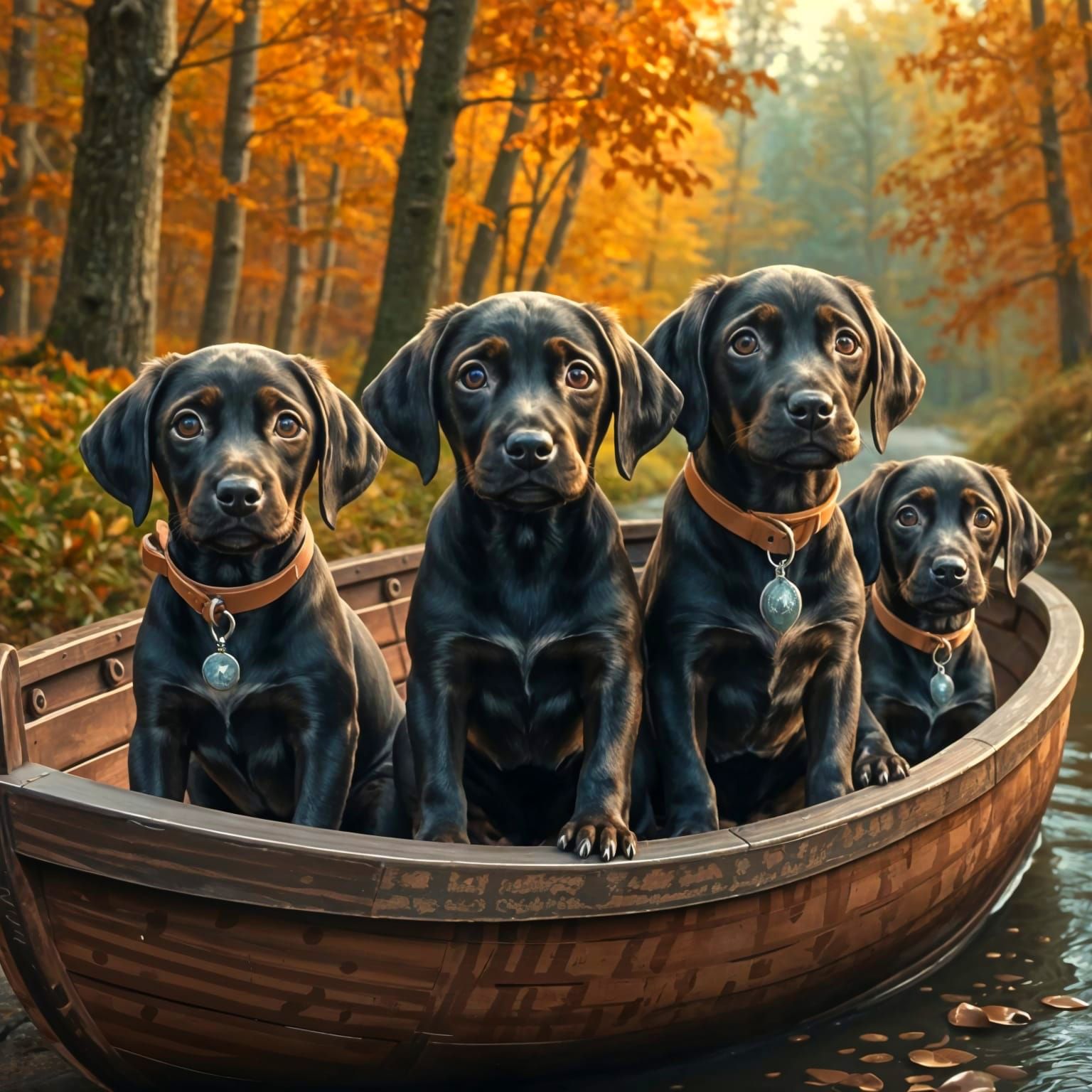 Chocolate Labrador Puppies in Chocolate Boat on Pond
