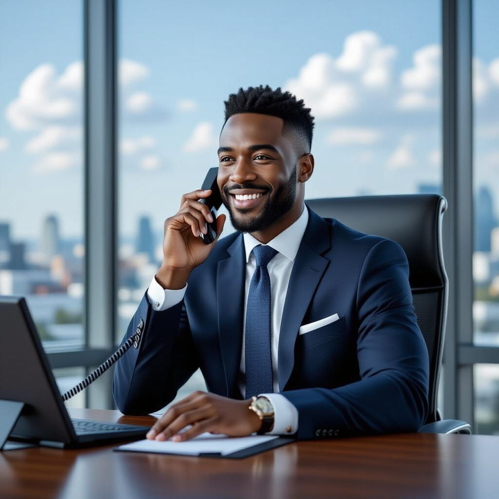 Caribbean Man Answering Phone in Contemporary Office