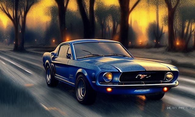 Fiery Mustang Road Scene in Motion Blur