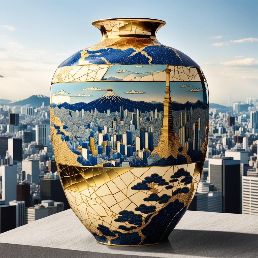 Kintsugi Vase with Tokyo Cityscape in Elaborate Style