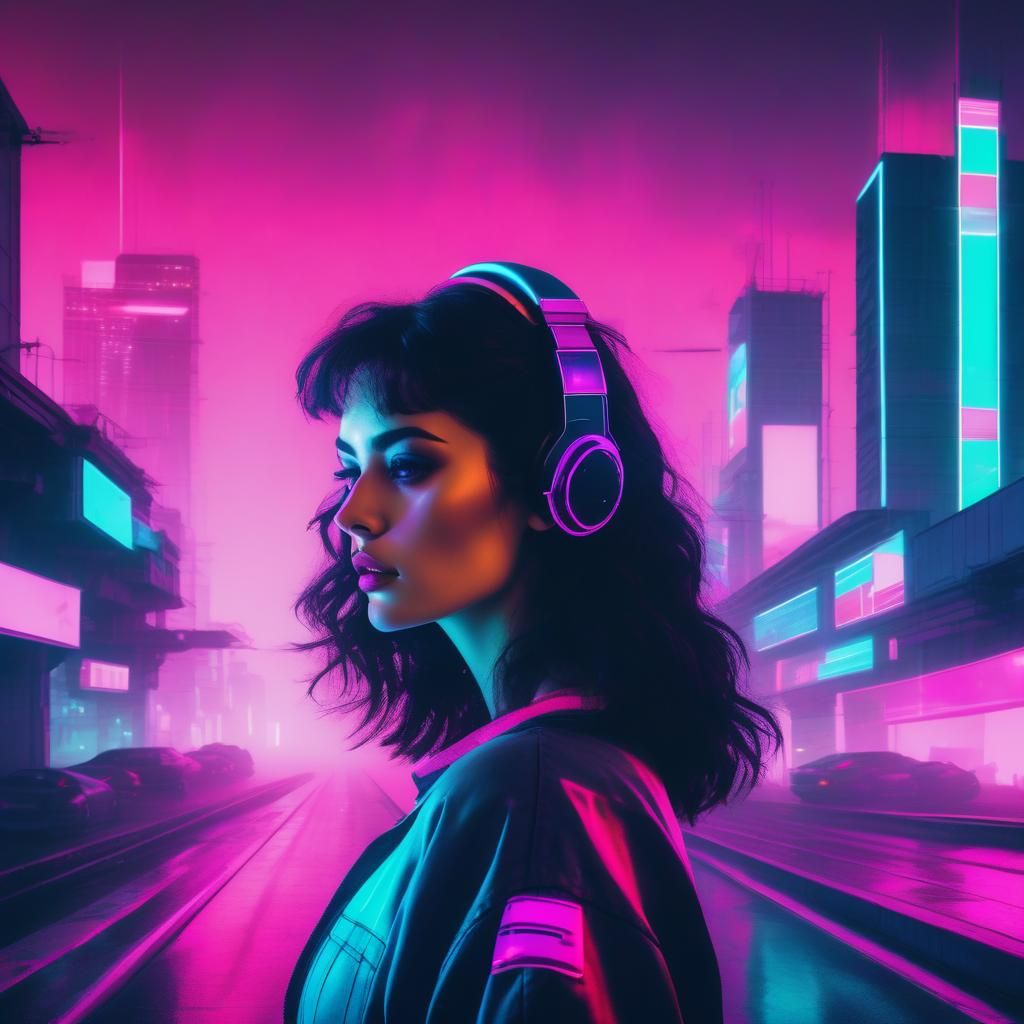 Vaporwave Portrait of Brunette Female Gamer