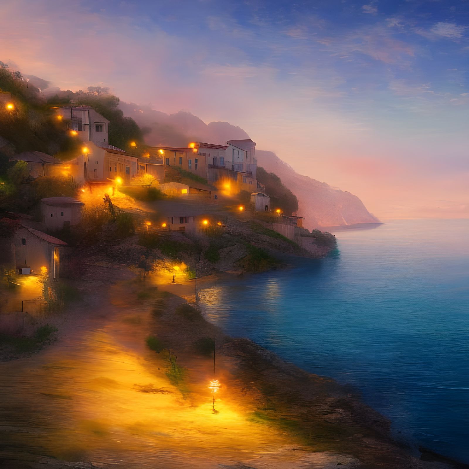 Luminescent Italian Seaside Village Painting