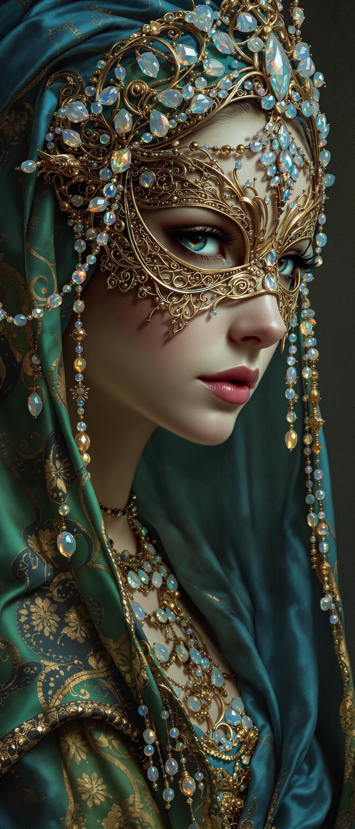 Renaissance Lady in Opal Mask, Intricate Textures, and Ether...