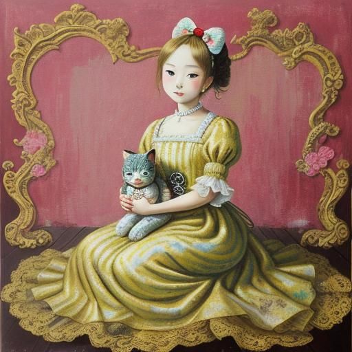 Hello Kitty as Maneki Neko in Rococo Style
