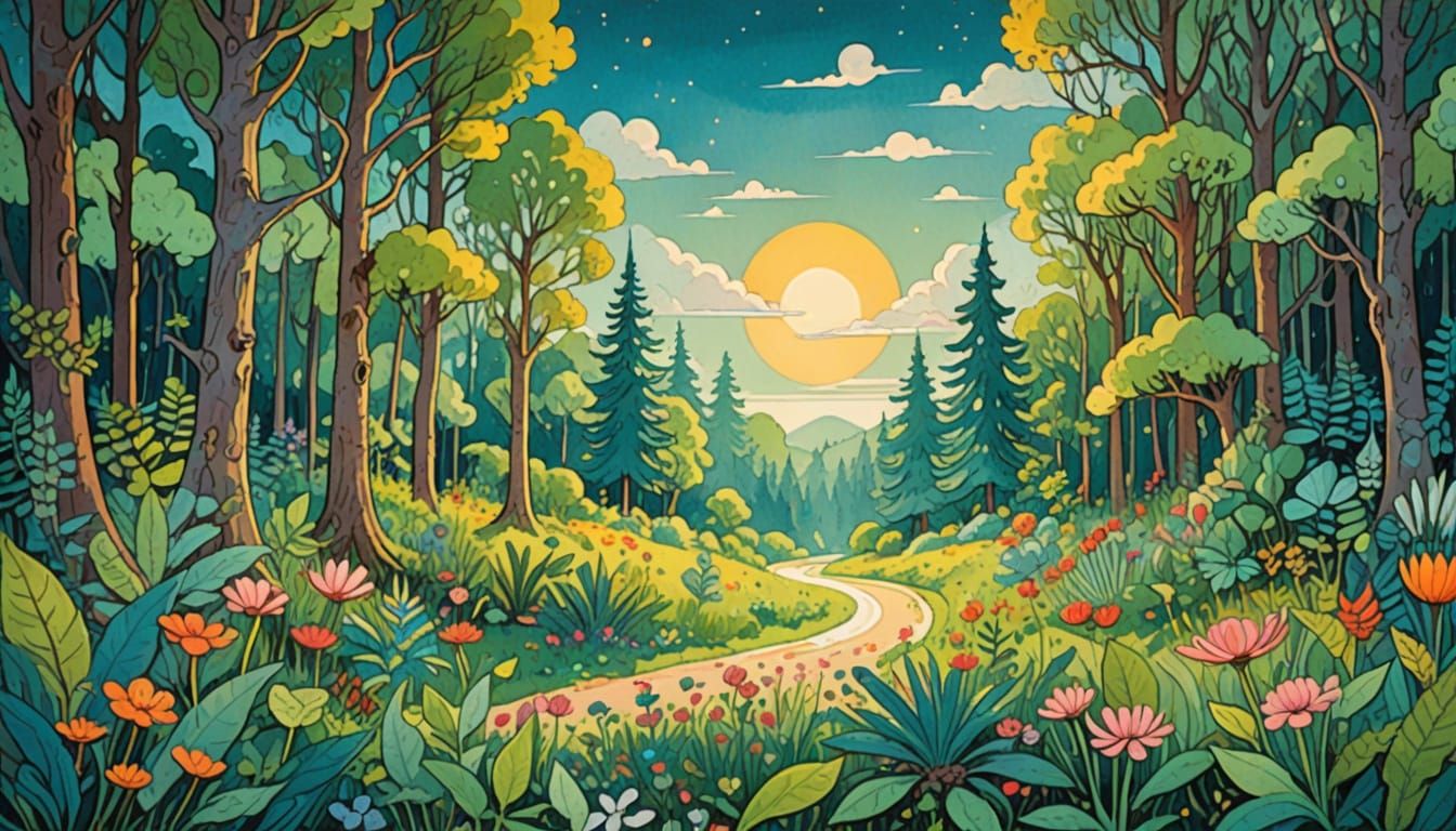 Folk Art Forest Glade with Prehistoric Plants and Animals