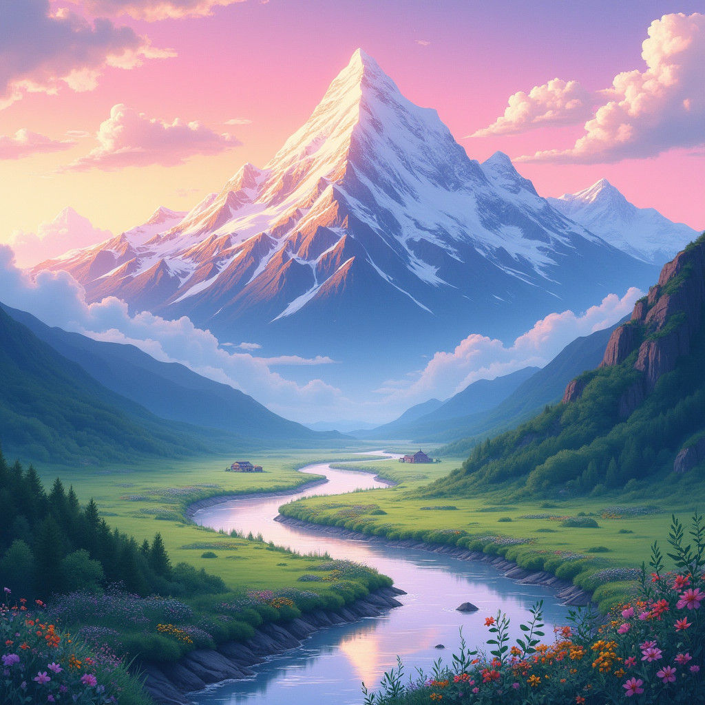 Anime Landscape with Mountains in Watercolor Style