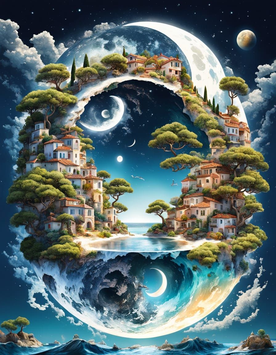 Yin Yang Earth and Moon with Mediterranean Villages
