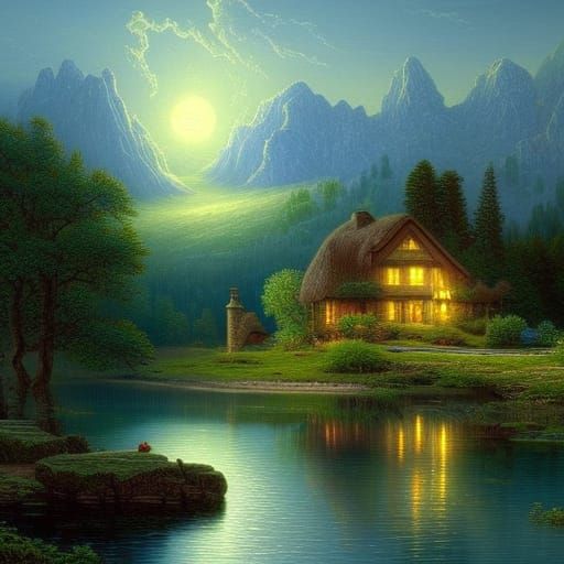 Moonlit Cottage by Lake in Kinkade Style