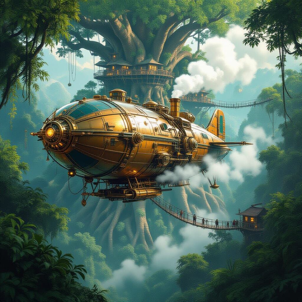 Steampunk Airship Explores Jungle City in Retro-Futurism Sty...